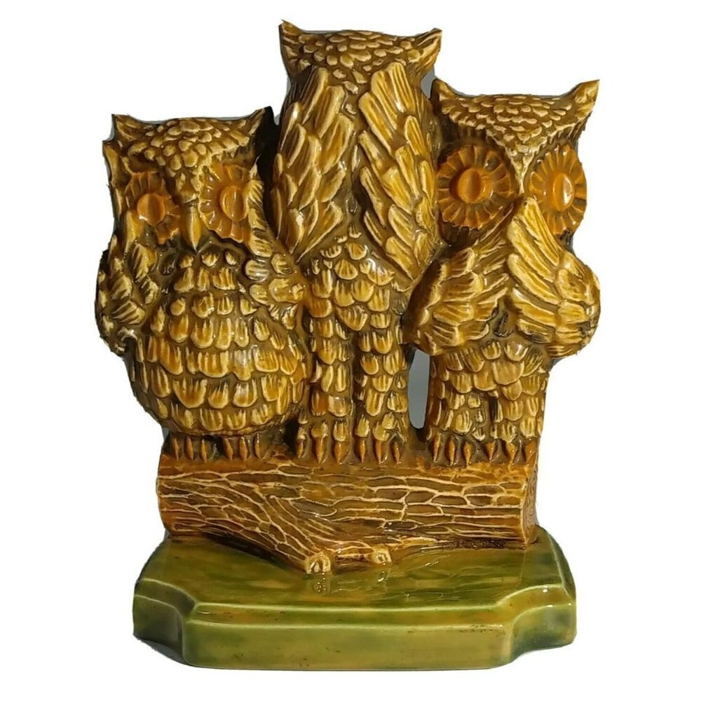Vintage See, Speak and Hear No Evil,‎ Glazed Ceramic Porcelain Owls Figurine